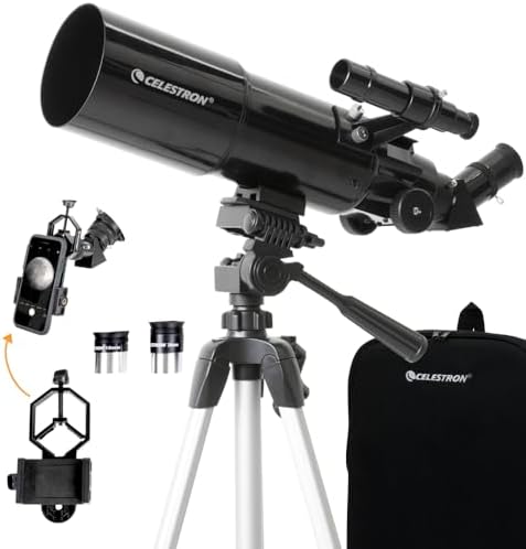 Celestron Travel Scope 80mm Telescope Kit with Backpack, Smartphone Adapter | 80mm Refractor Telescope Kit, Large Lens for Planets & Deep-Sky, Includes Smartphone Adapter & Backpac