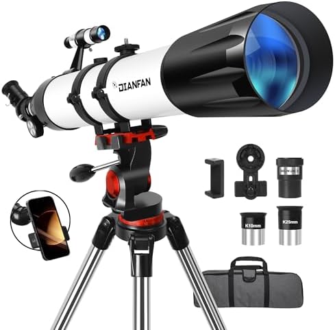 Dianfan Telescope, 90mm Aperture 800mm Telescope for Adults High Powered, Portable Professional Astronomy Refractor Telescopes for Beginners, with Stainless Steel Tripod & Phone Adapter, Carry Bag